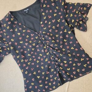 Madewell 100% Silk Daylight Tie Sleeve Top Women's 2 Black‎ and Floral